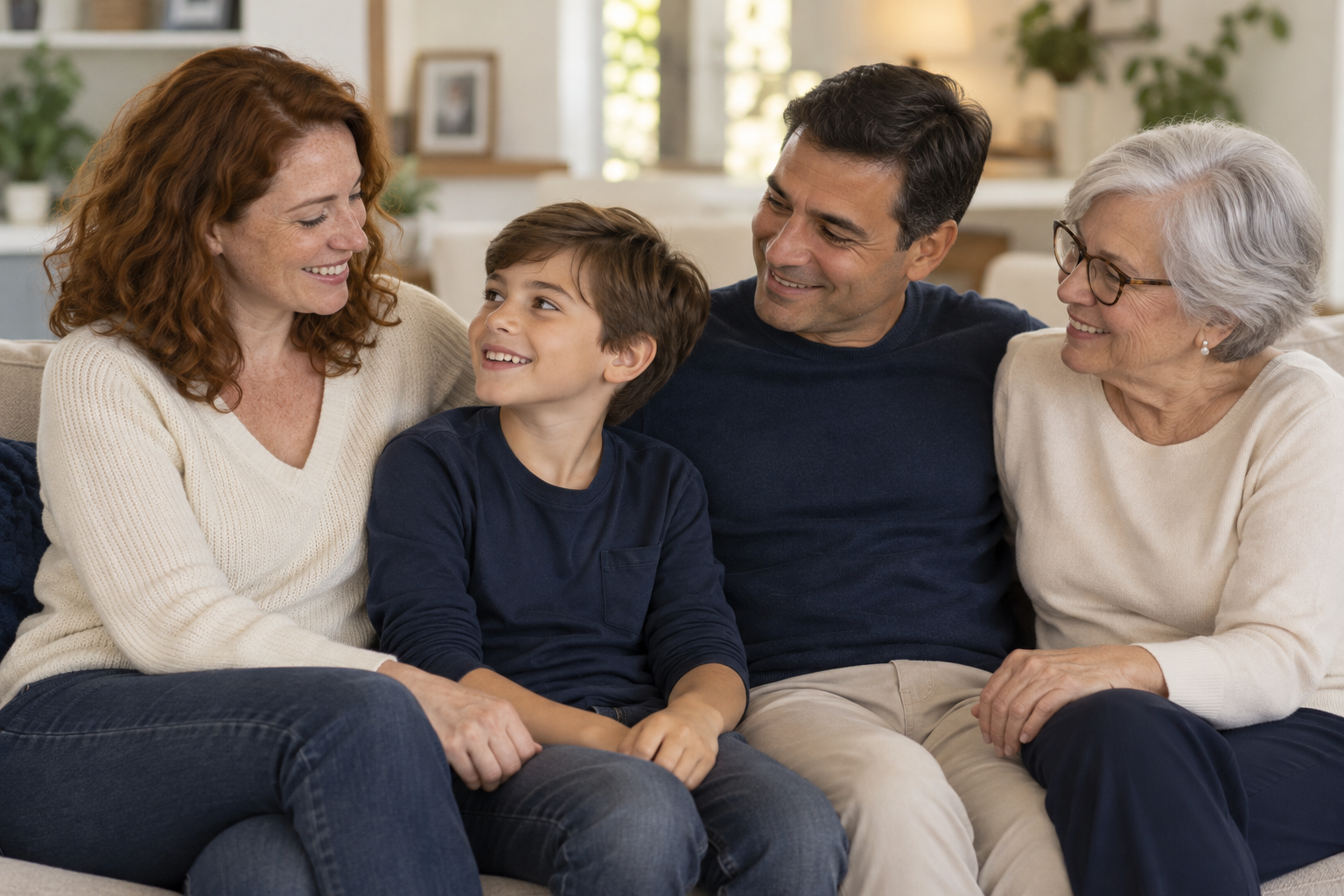 Cena ilustrativa de uma família de diferentes gerações sorrindo em casa